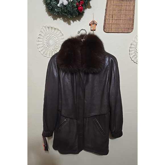 NWT Vtg Damselle Lamb Leather Fox Fur Collar Coat Old Money Womans Size Large - Picture 3 of 9